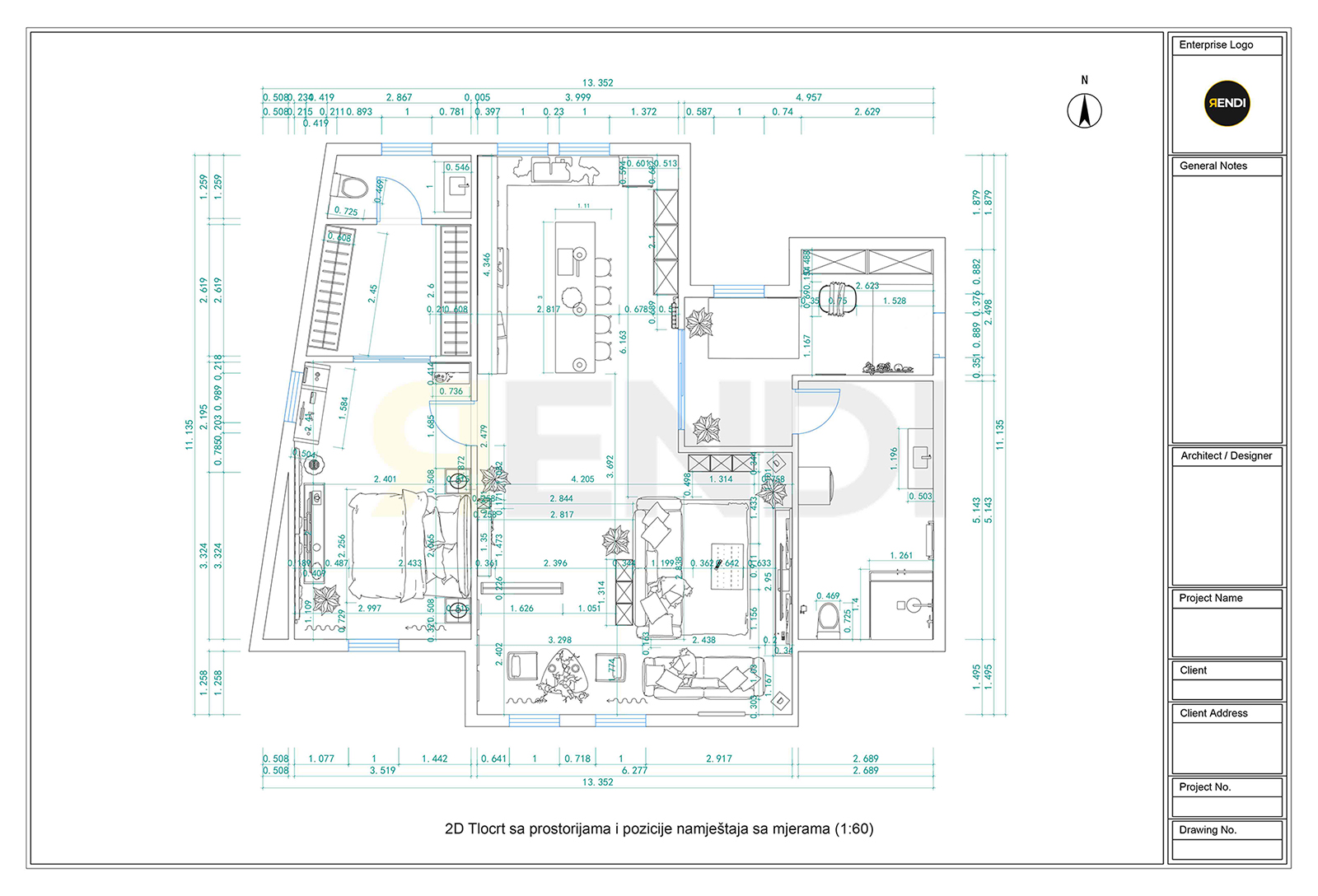 2D tlocrt sa prostorijama i pozicije namještaja sa mjerama
